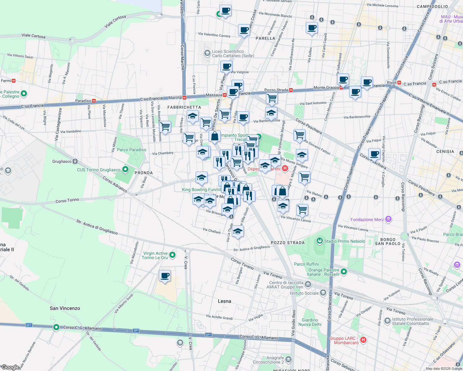 map of restaurants, bars, coffee shops, grocery stores, and more near 106 Via Francesco De Sanctis in Turin