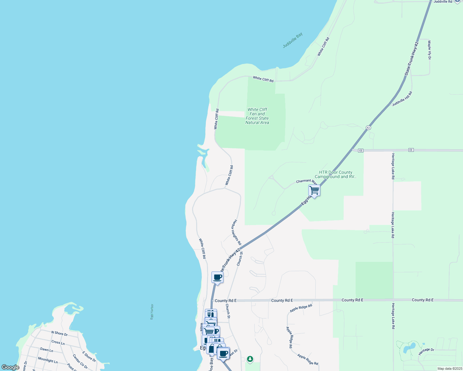 map of restaurants, bars, coffee shops, grocery stores, and more near 8130 White Cliff Road in Egg Harbor