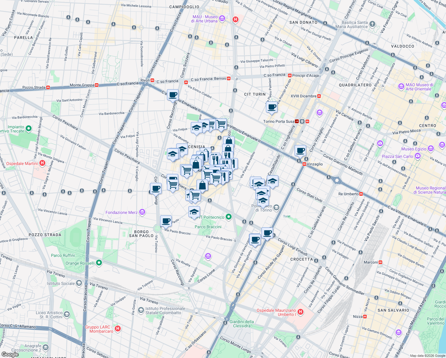 map of restaurants, bars, coffee shops, grocery stores, and more near 4 Via Vigone in Turin