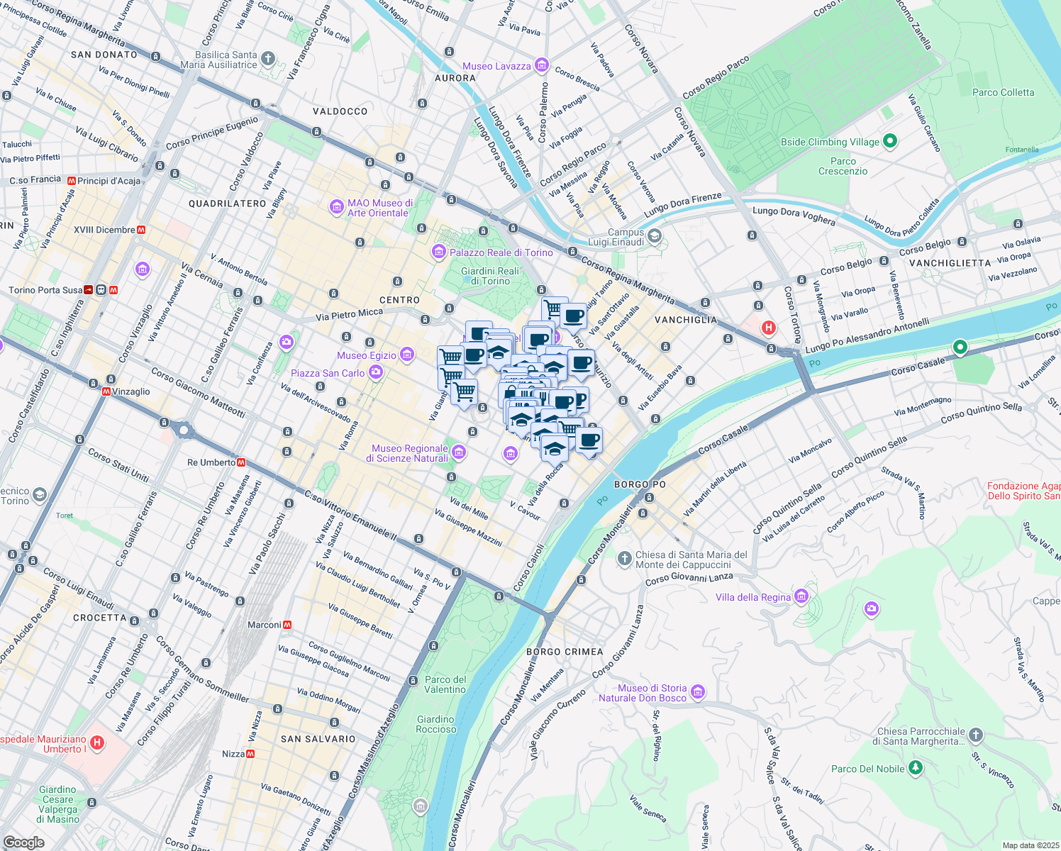 map of restaurants, bars, coffee shops, grocery stores, and more near 46E Via Principe Amedeo in Torino