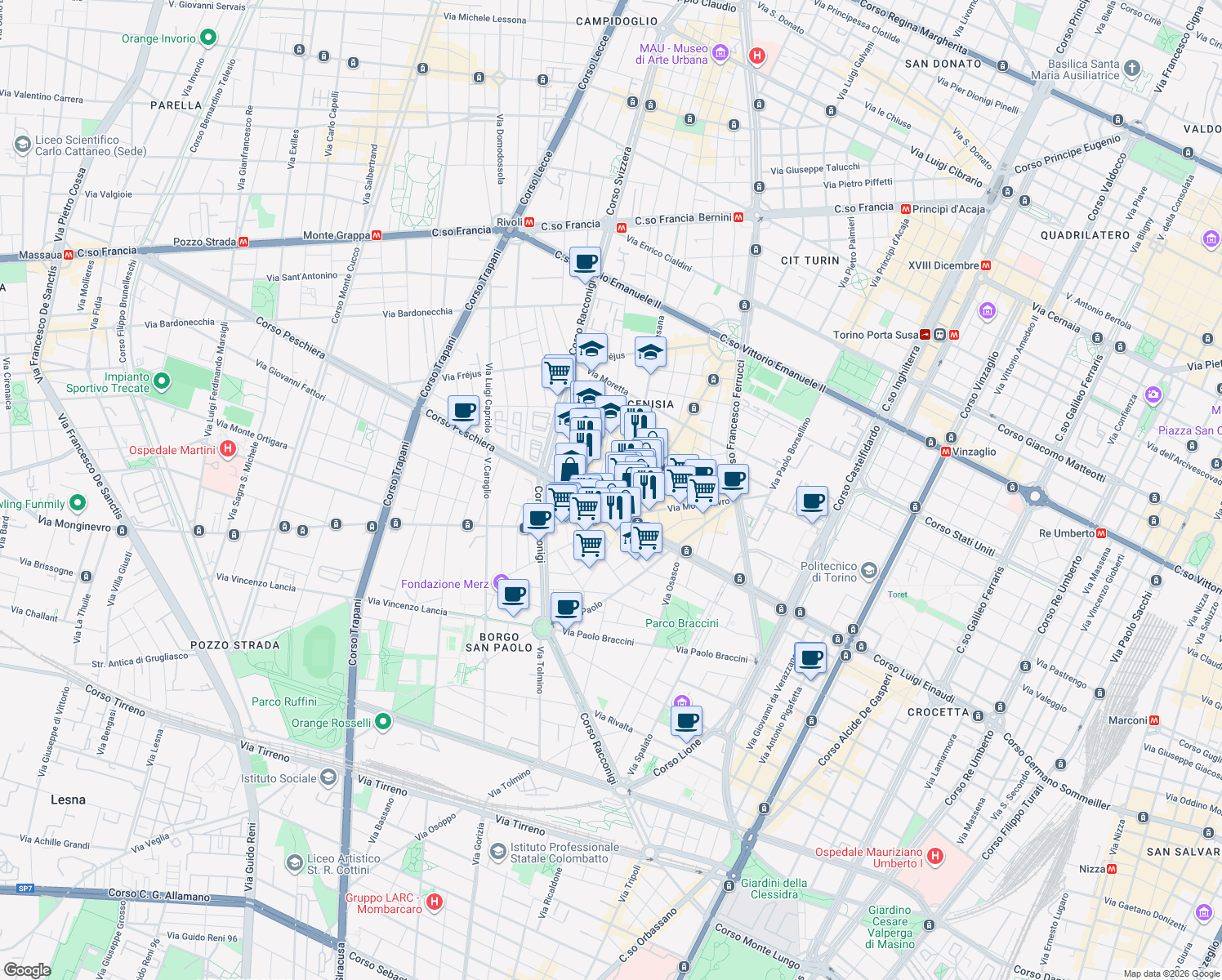 map of restaurants, bars, coffee shops, grocery stores, and more near 66 Via Perosa in Turin