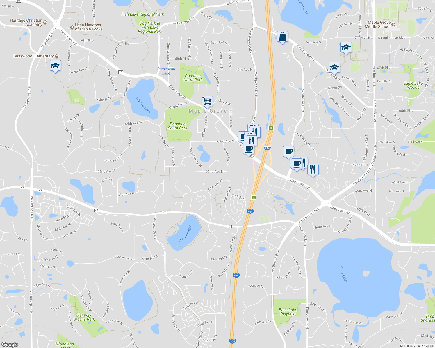 map of restaurants, bars, coffee shops, grocery stores, and more near 13733 62nd Avenue North in Osseo