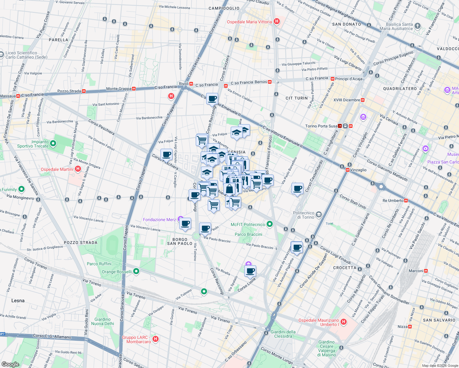 map of restaurants, bars, coffee shops, grocery stores, and more near 81 Via Dante di Nanni in Turin