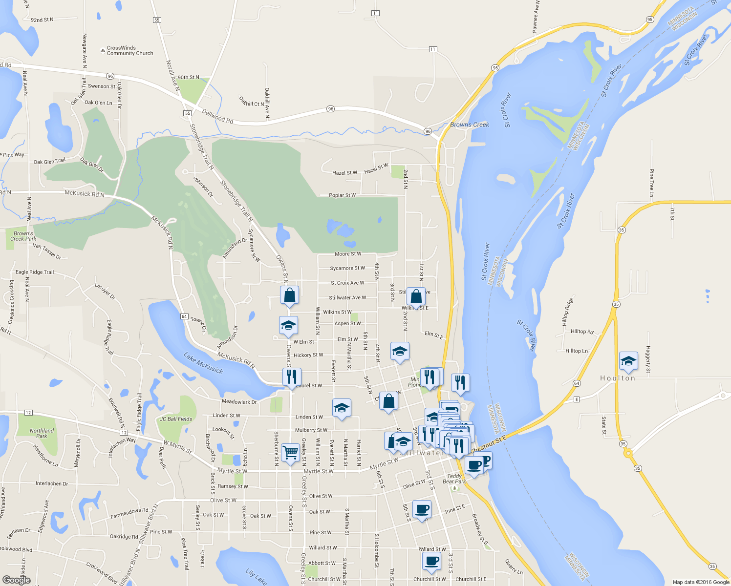 map of restaurants, bars, coffee shops, grocery stores, and more near 224 Stillwater Avenue West in Stillwater