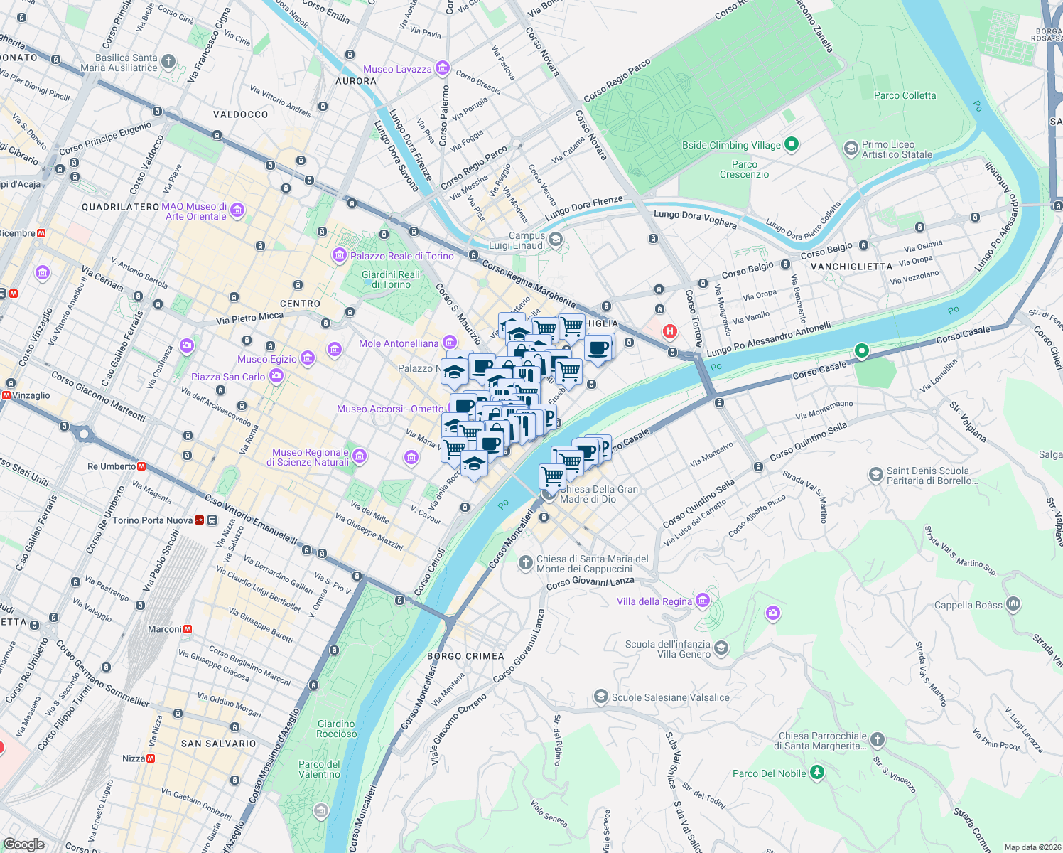 map of restaurants, bars, coffee shops, grocery stores, and more near 10/E Via Eusebio Bava in Torino