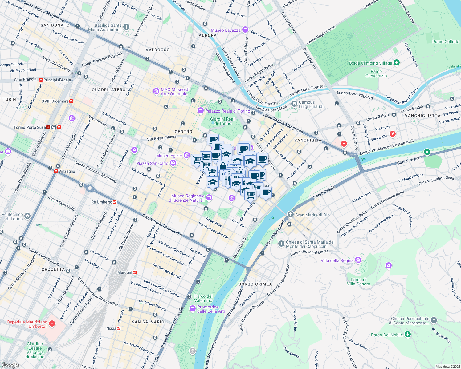 map of restaurants, bars, coffee shops, grocery stores, and more near 12 Via San Massimo in Turin