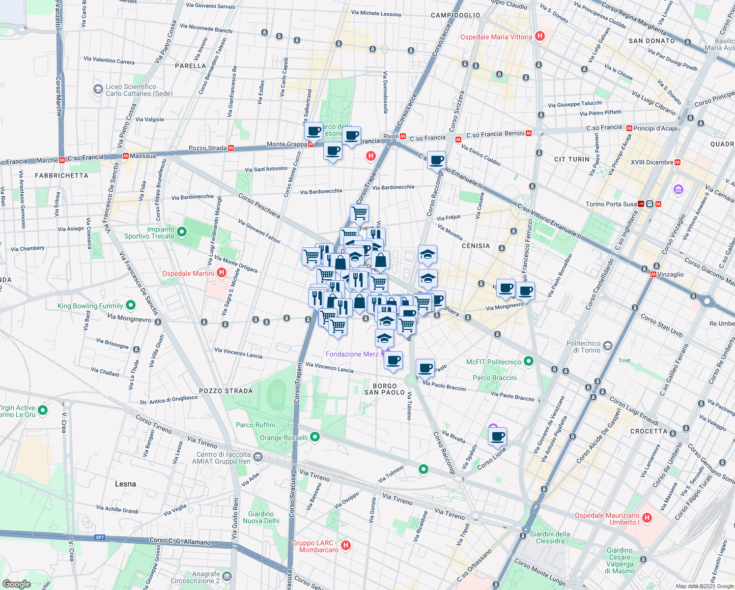 map of restaurants, bars, coffee shops, grocery stores, and more near 19b Via Issiglio in Torino