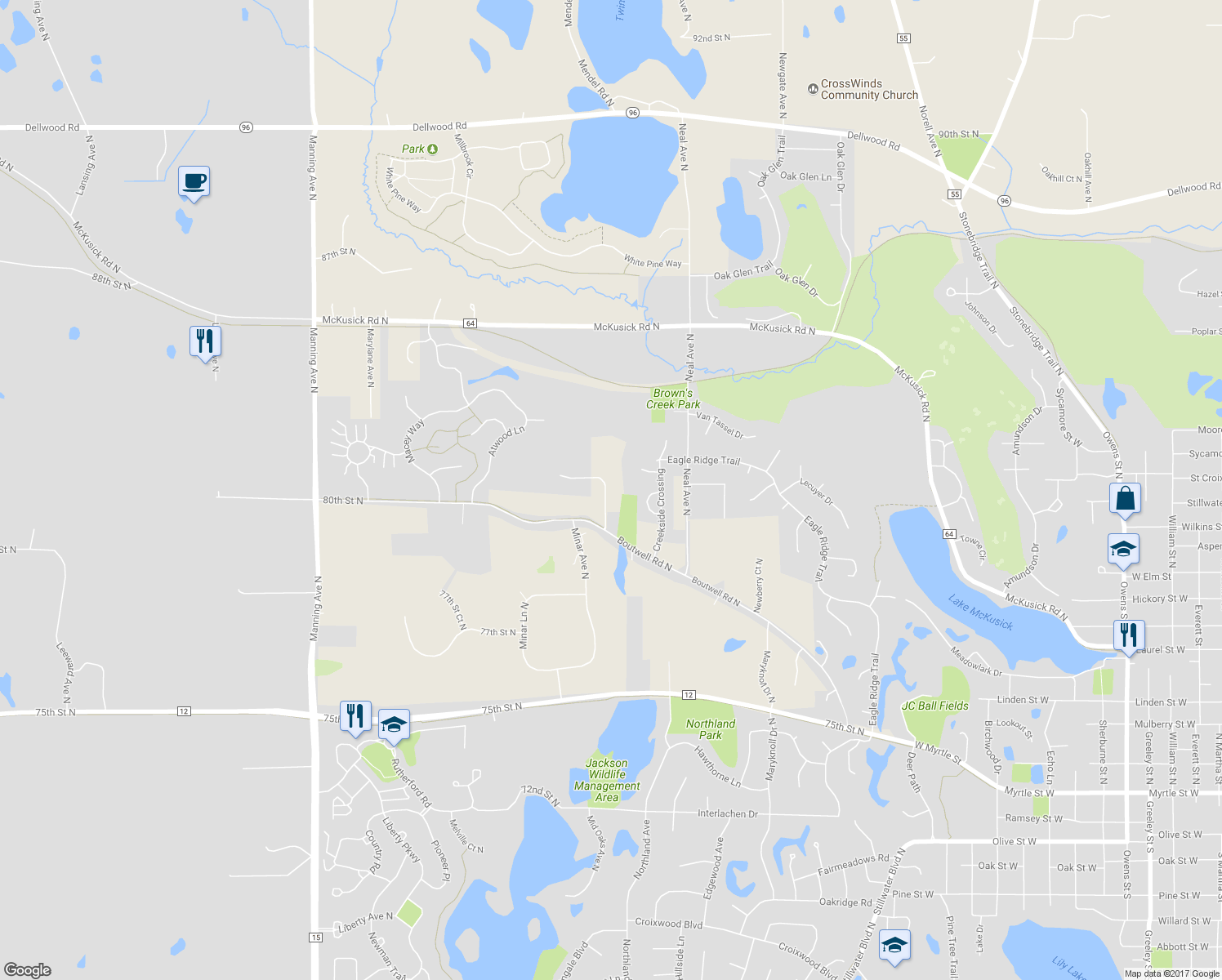 map of restaurants, bars, coffee shops, grocery stores, and more near 8055 Morgan Avenue North in Stillwater