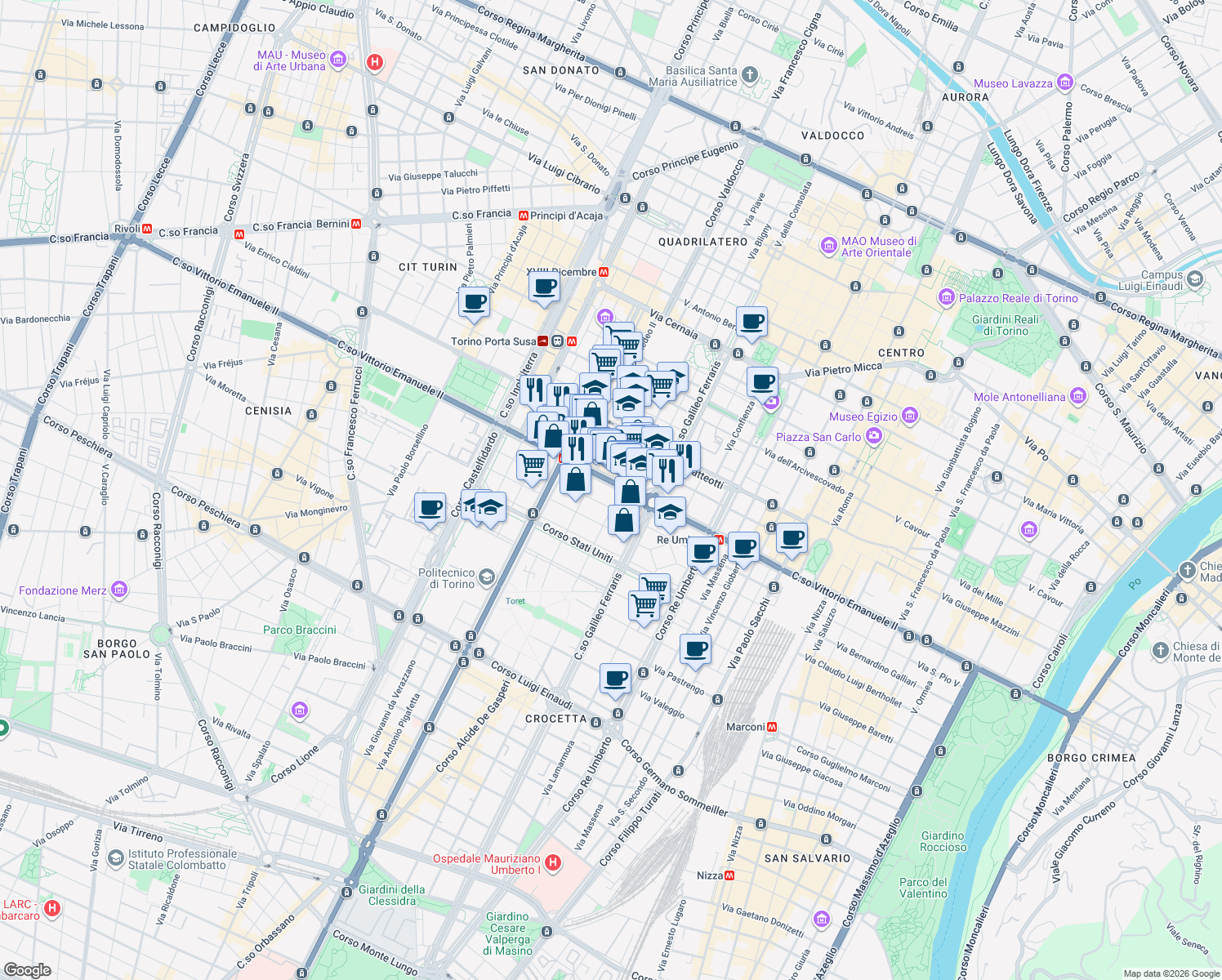 map of restaurants, bars, coffee shops, grocery stores, and more near 34 Via Magenta in Turin