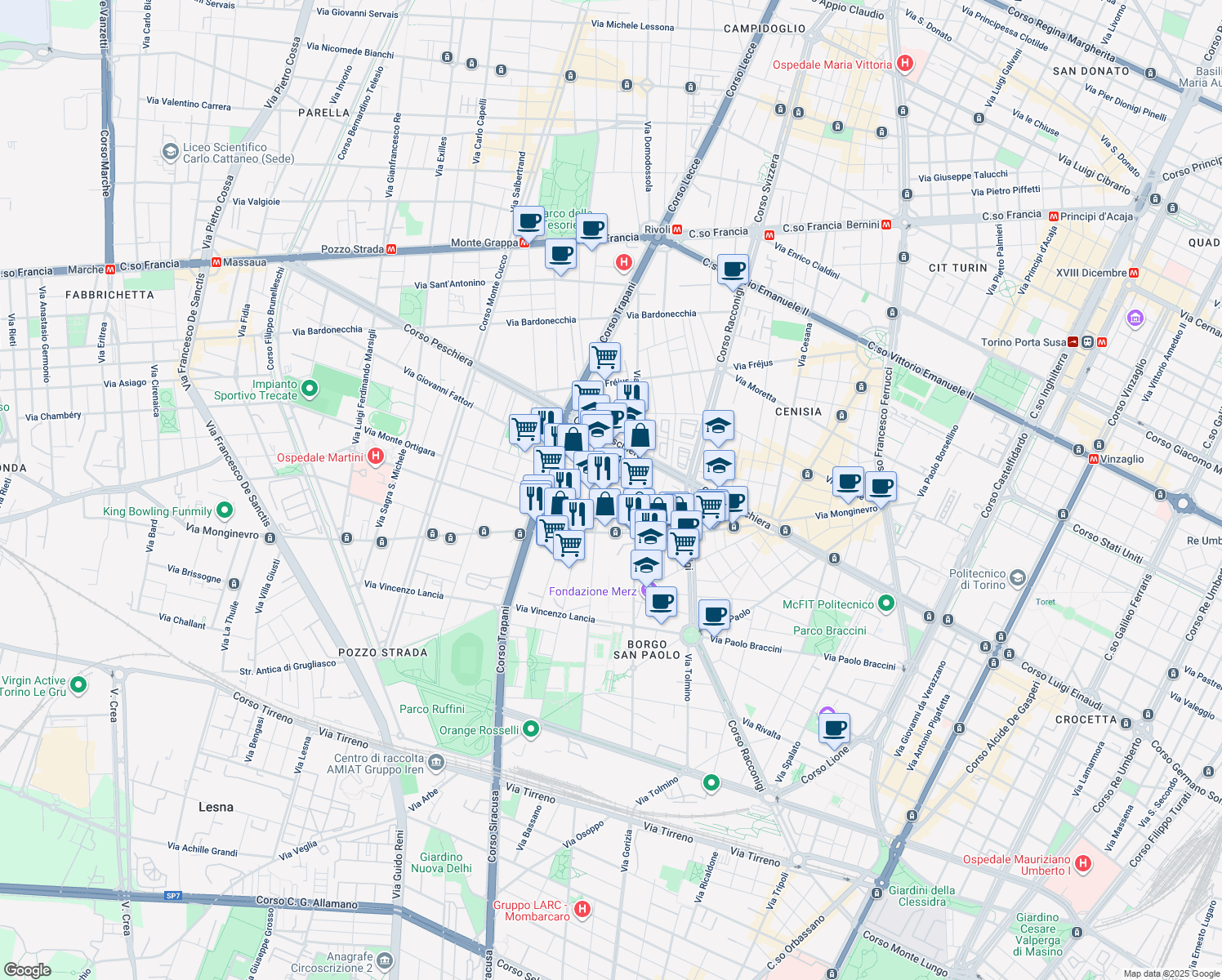 map of restaurants, bars, coffee shops, grocery stores, and more near 19 b Via Issiglio in Torino