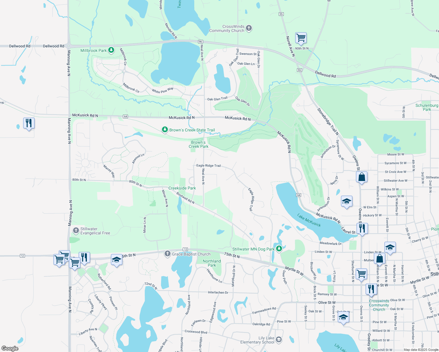 map of restaurants, bars, coffee shops, grocery stores, and more near 1201 Walnut Creek Drive West in Stillwater