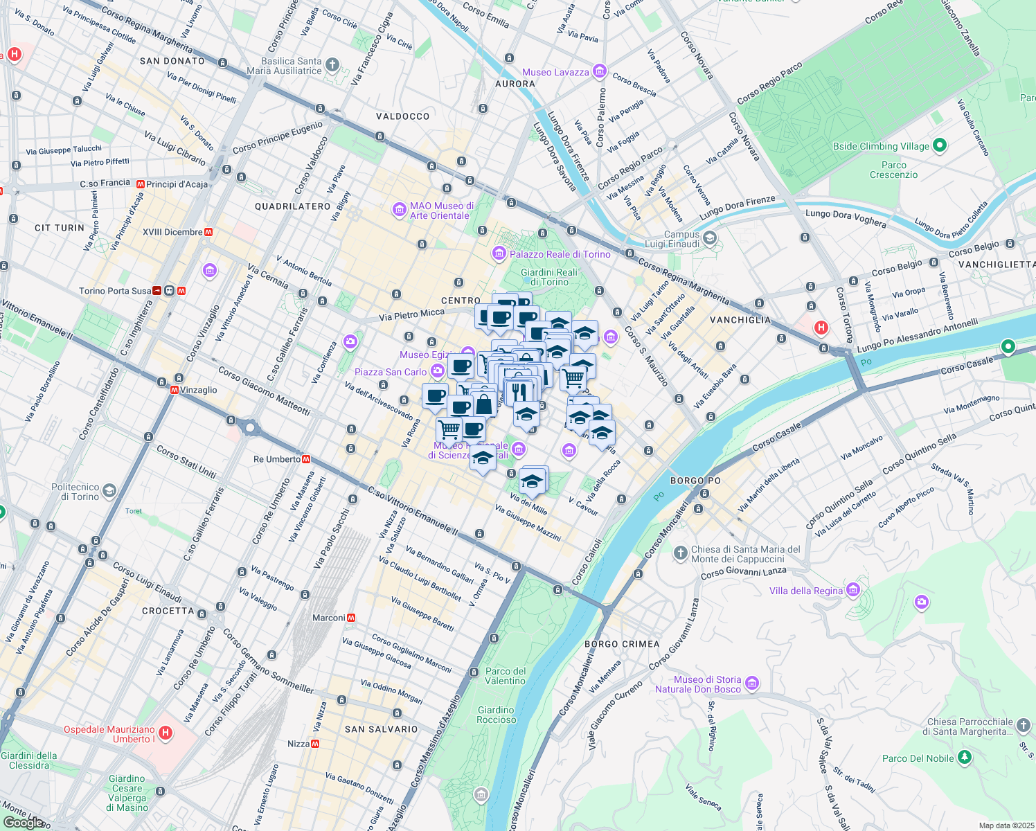 map of restaurants, bars, coffee shops, grocery stores, and more near 13d Via San Francesco da Paola in Torino