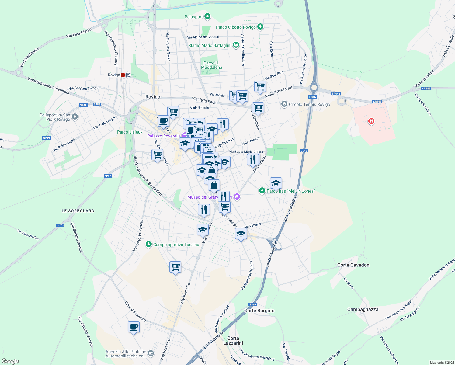 map of restaurants, bars, coffee shops, grocery stores, and more near Vicolo Tenani in Rovigo