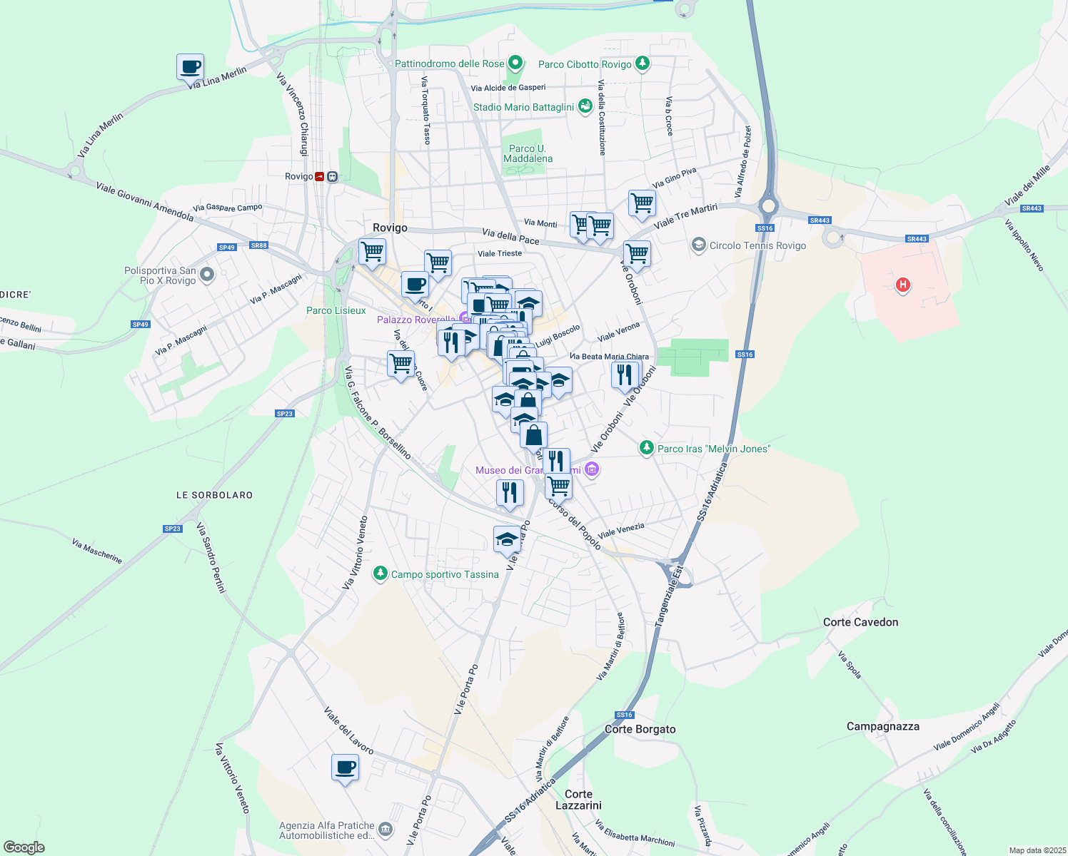 map of restaurants, bars, coffee shops, grocery stores, and more near Vicolo Tenani in Rovigo