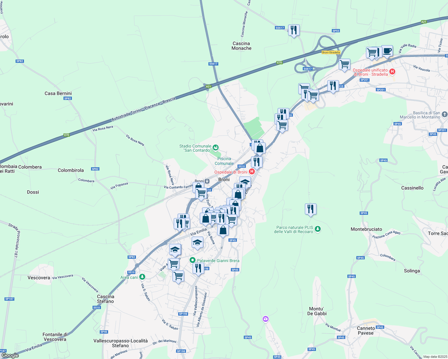 map of restaurants, bars, coffee shops, grocery stores, and more near in Broni