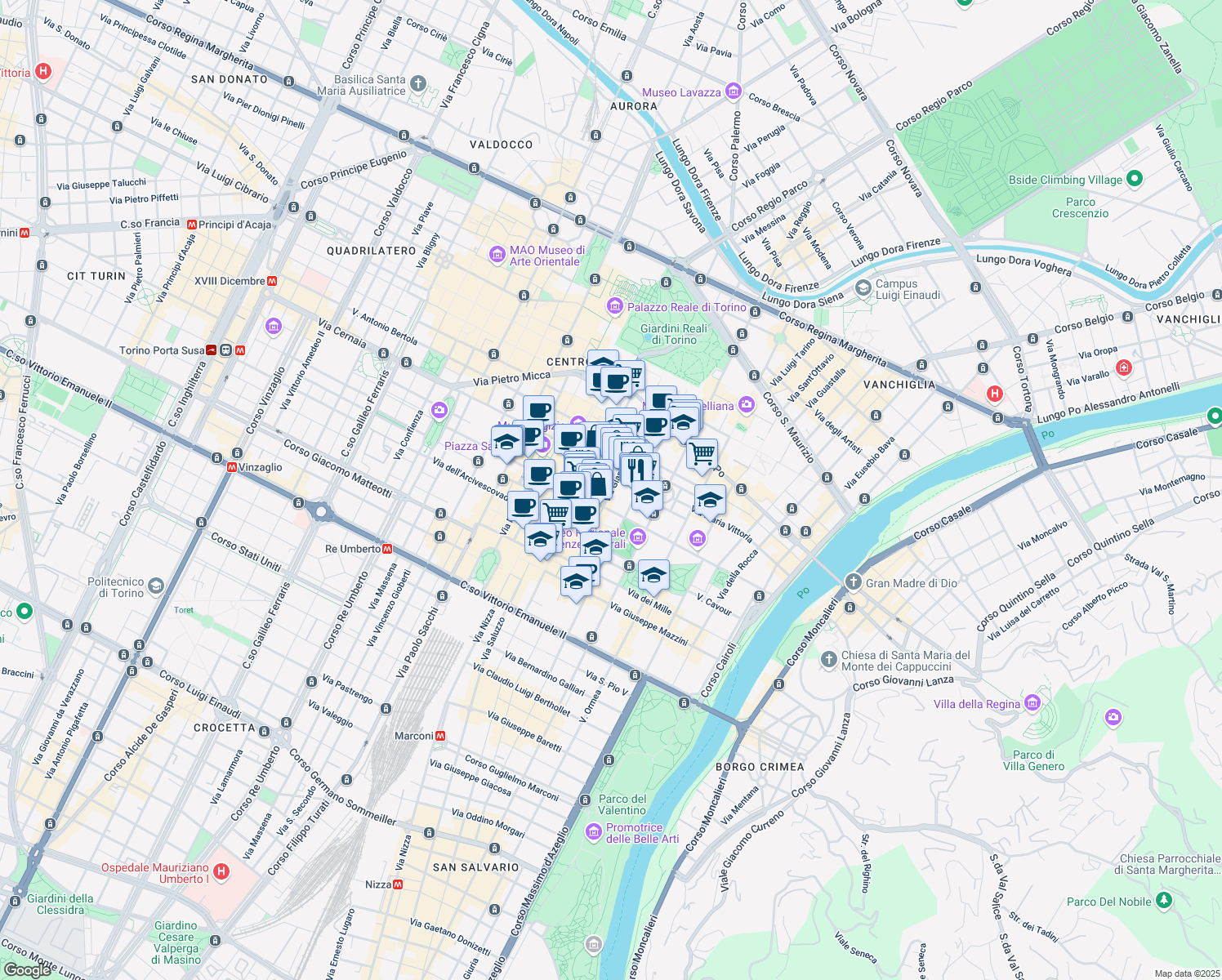 map of restaurants, bars, coffee shops, grocery stores, and more near 25 Via Giambattista Bogino in Turin