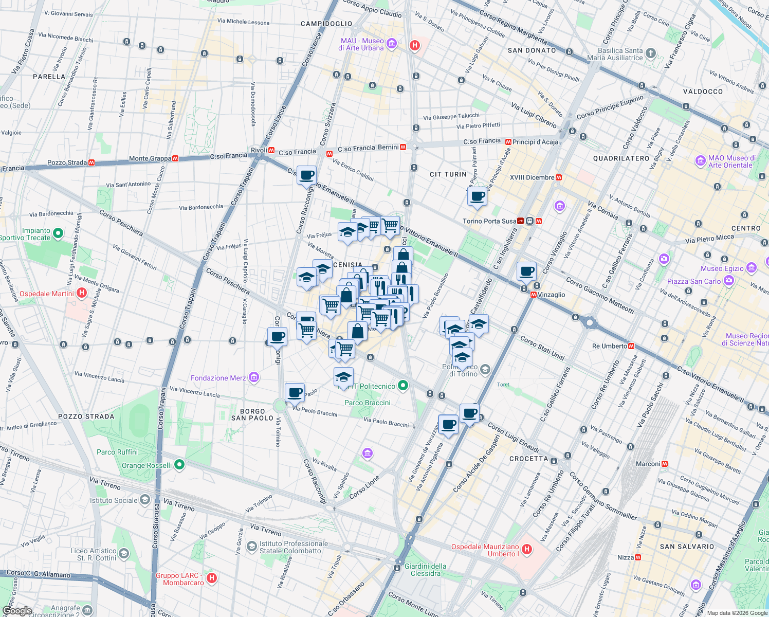 map of restaurants, bars, coffee shops, grocery stores, and more near 4 Via Vigone in Turin