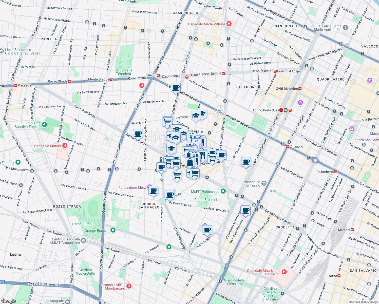 map of restaurants, bars, coffee shops, grocery stores, and more near 81 Via Dante di Nanni in Turin