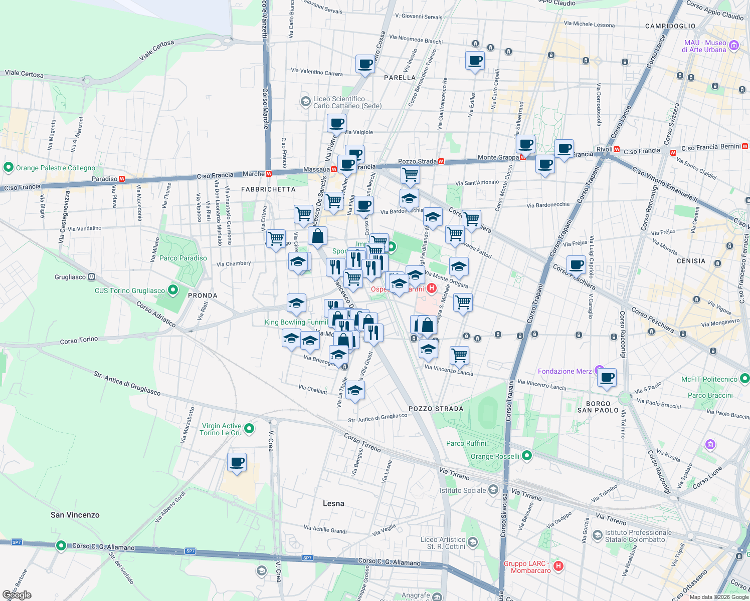 map of restaurants, bars, coffee shops, grocery stores, and more near 117/A Via Francesco De Sanctis in Torino
