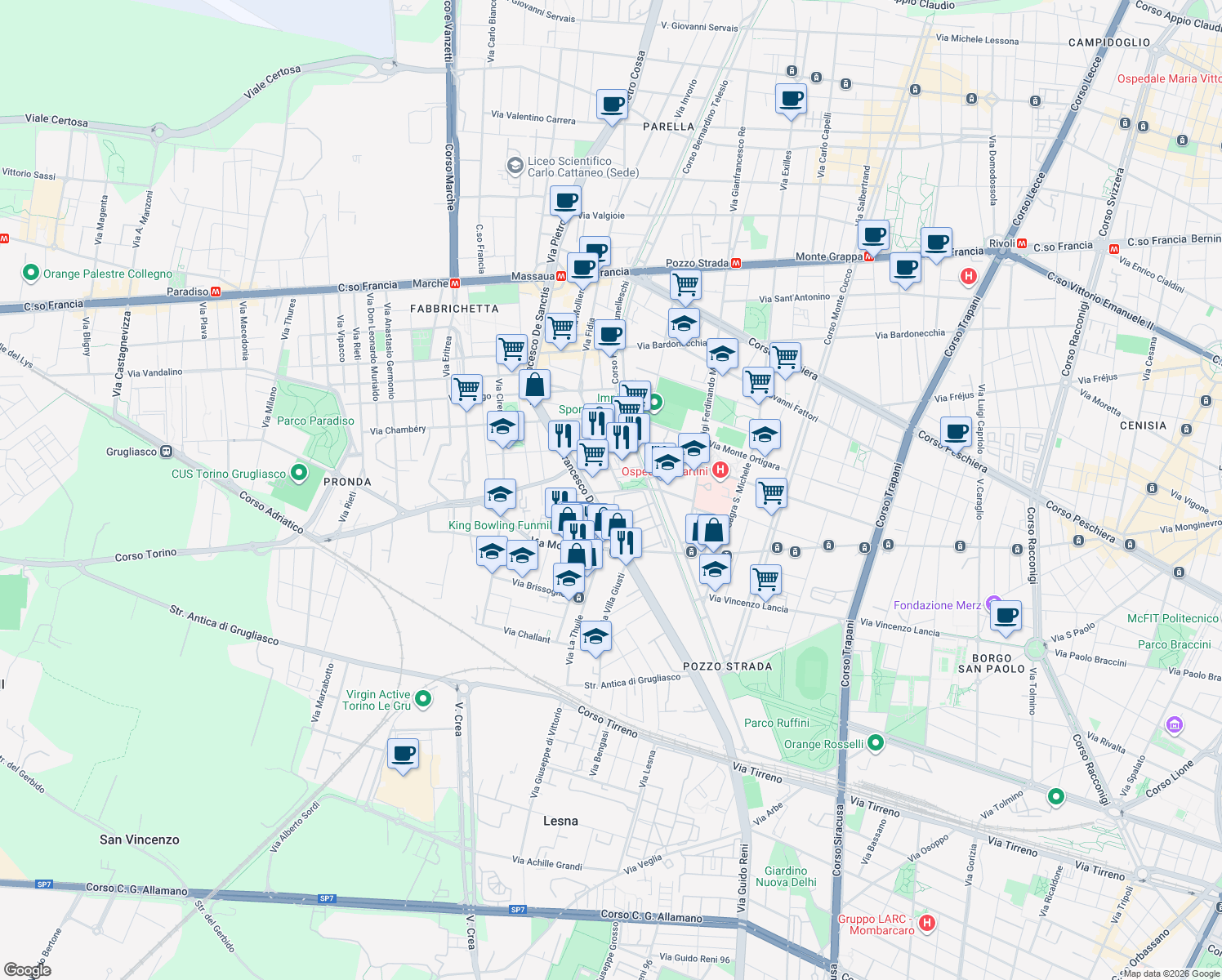 map of restaurants, bars, coffee shops, grocery stores, and more near 117/A Via Francesco De Sanctis in Torino