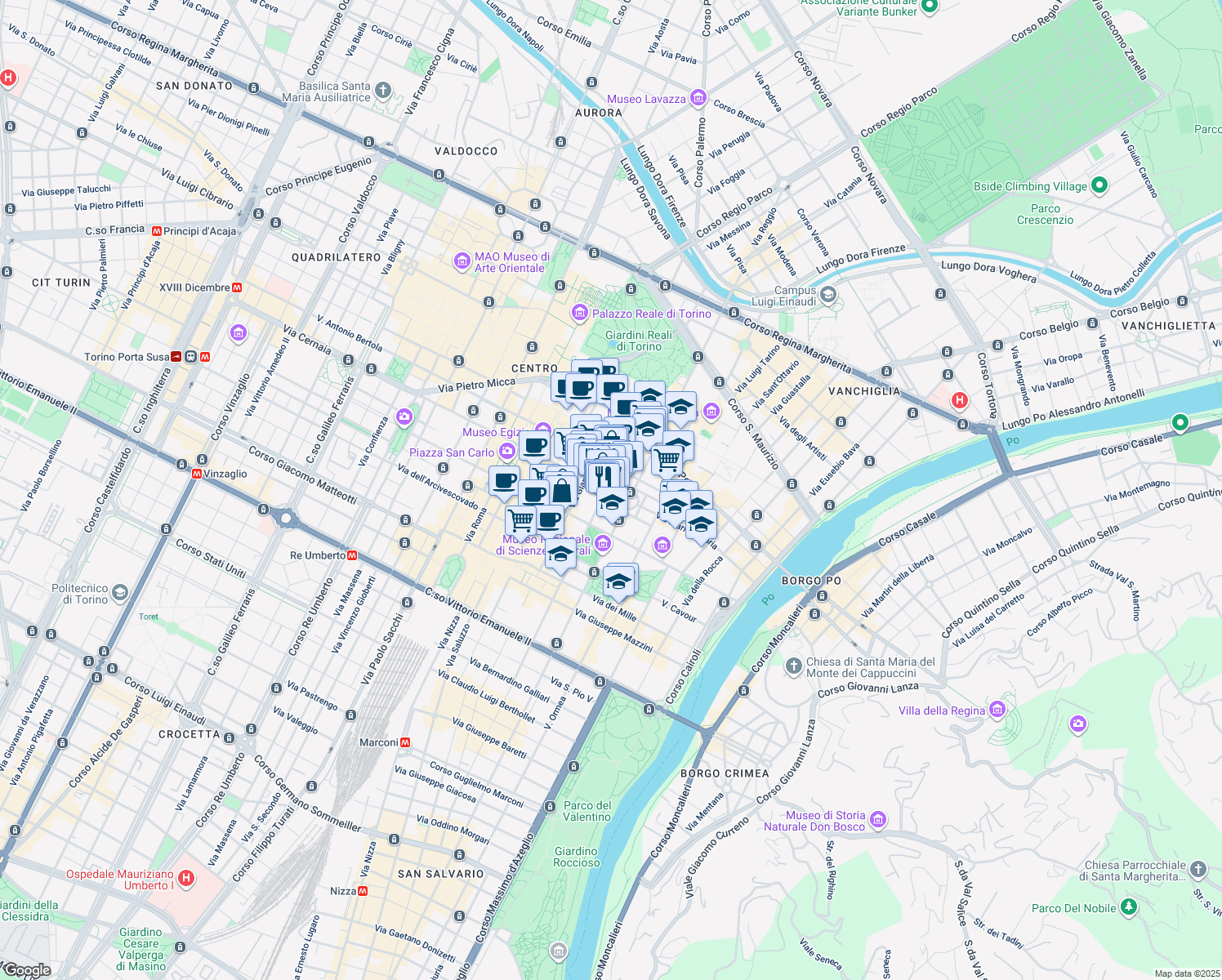 map of restaurants, bars, coffee shops, grocery stores, and more near 13d Via San Francesco da Paola in Torino