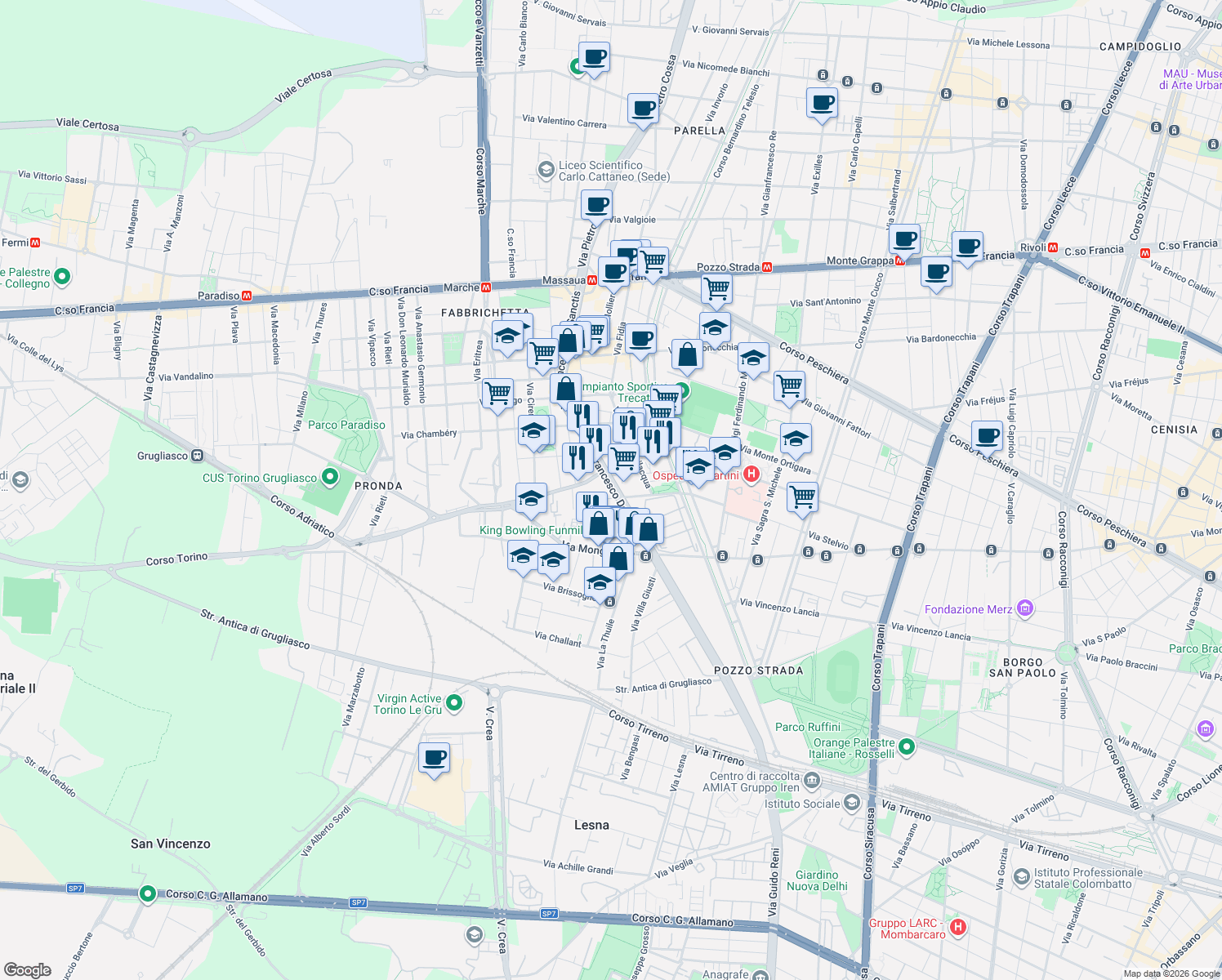 map of restaurants, bars, coffee shops, grocery stores, and more near 24 Via Mario Ponzio in Turin