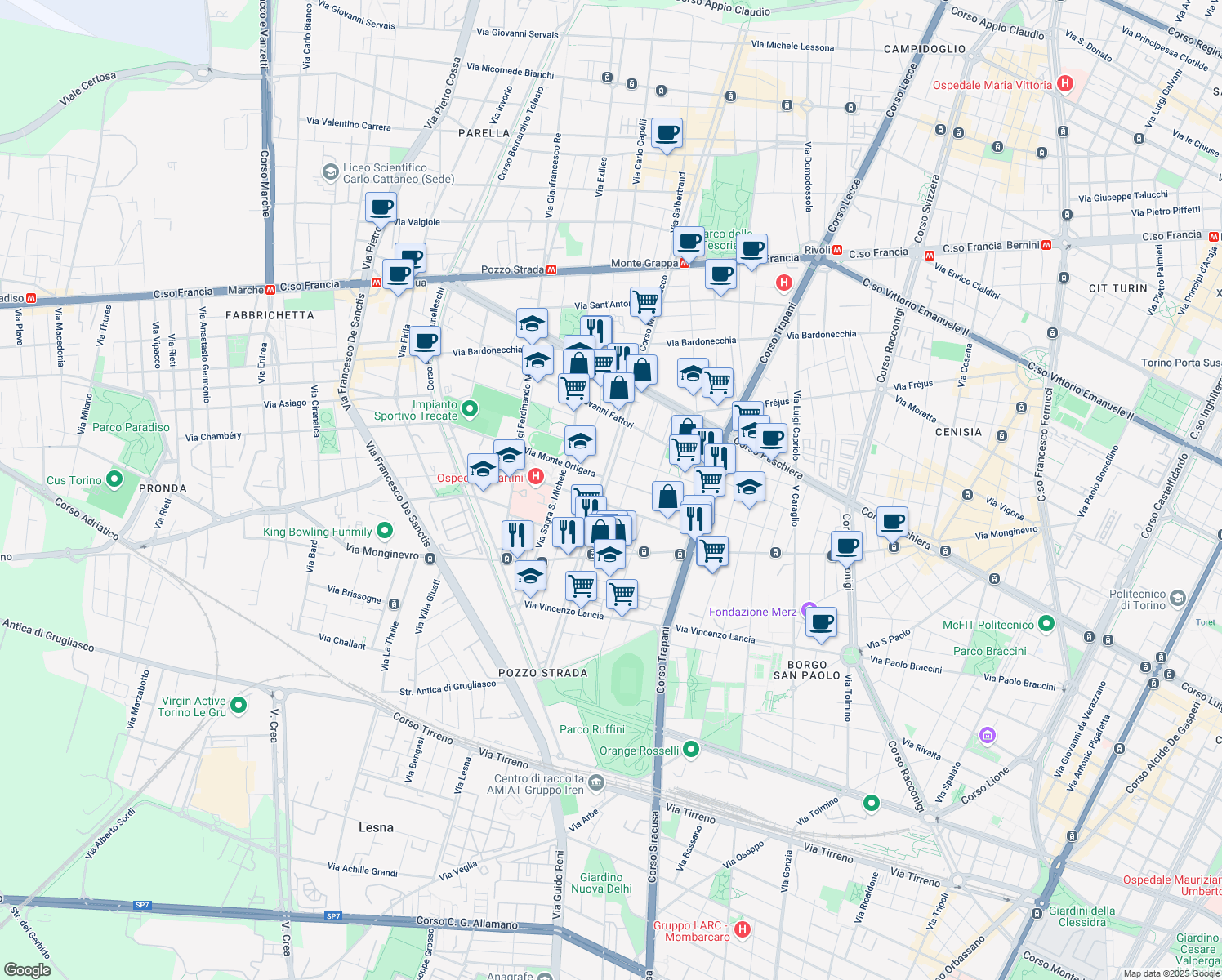 map of restaurants, bars, coffee shops, grocery stores, and more near 68-82 Corso Monte Cucco in Turin