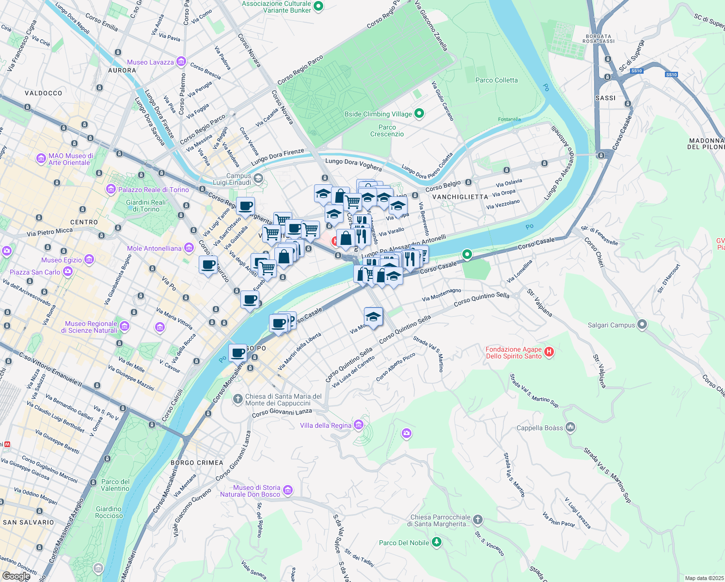map of restaurants, bars, coffee shops, grocery stores, and more near 73/c Corso Casale in Turin