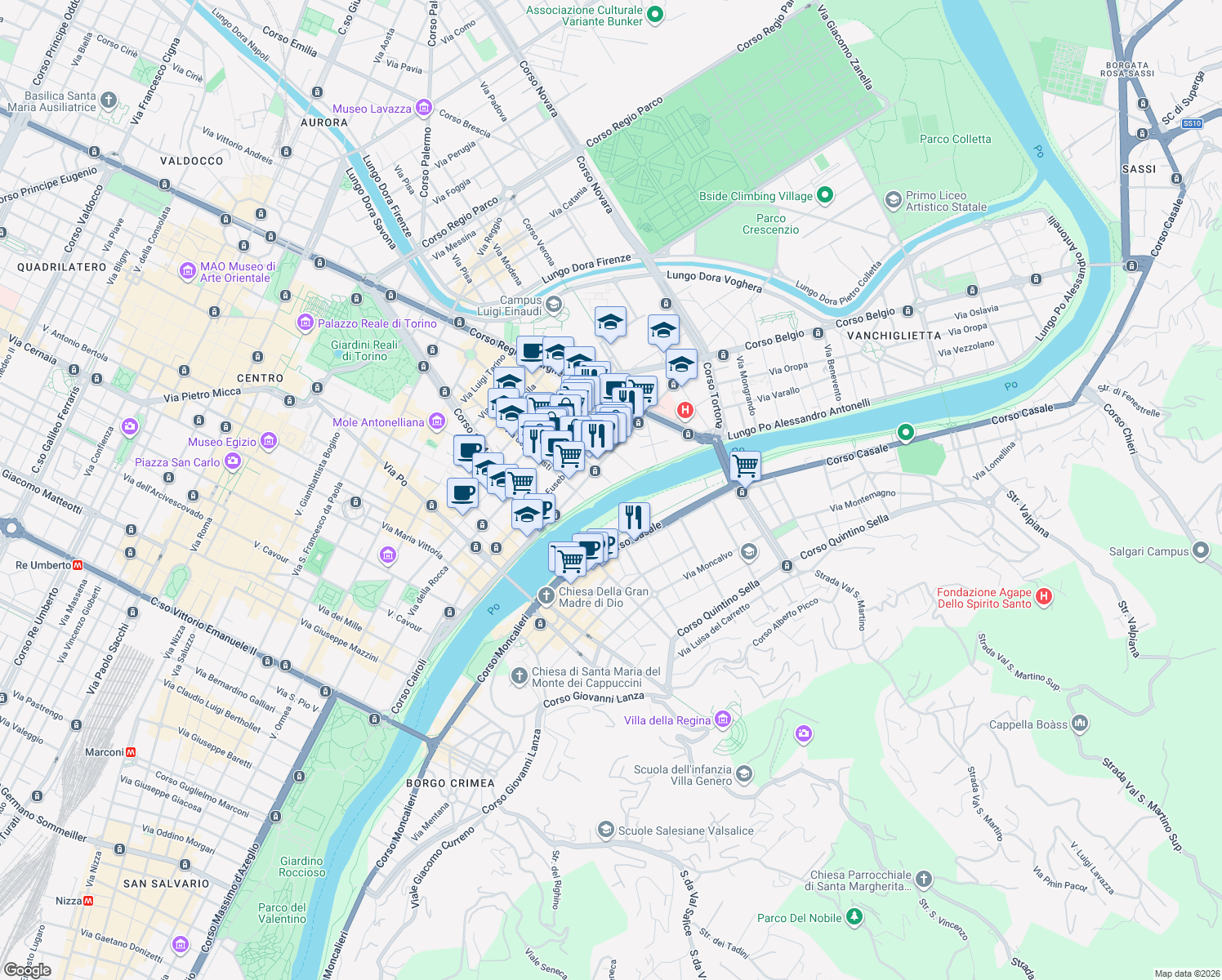map of restaurants, bars, coffee shops, grocery stores, and more near Murazzi del Po Ferdinando Buscaglione in Torino