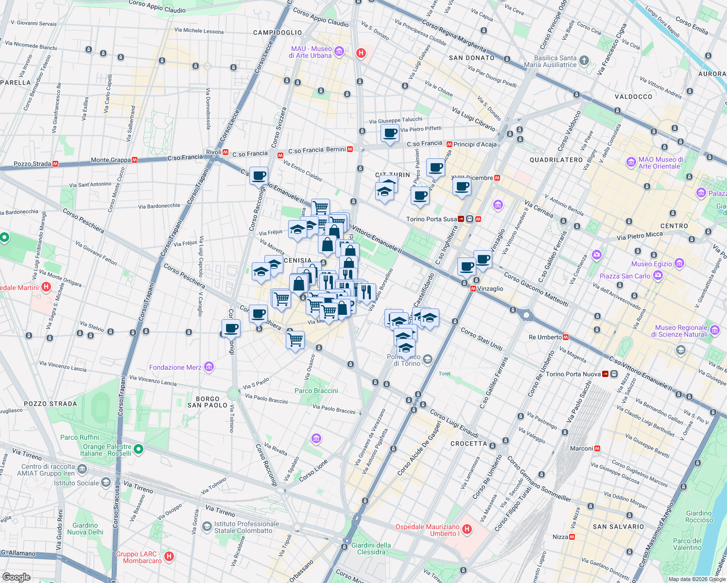 map of restaurants, bars, coffee shops, grocery stores, and more near in Torino
