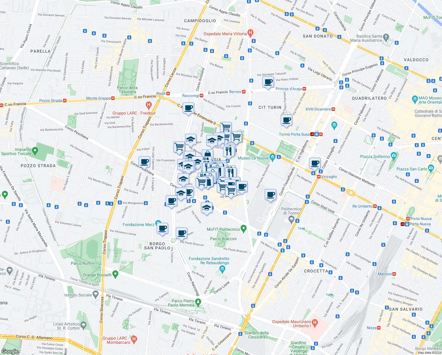 map of restaurants, bars, coffee shops, grocery stores, and more near 54 Via Dante di Nanni in Turin