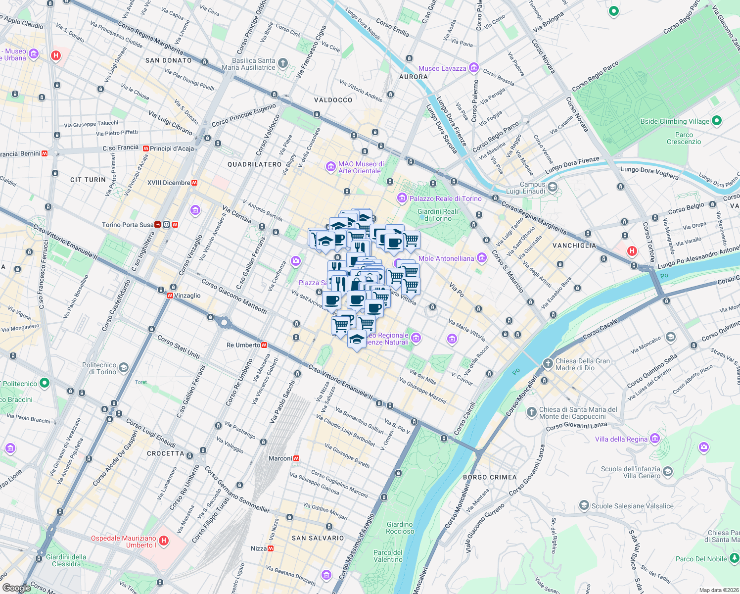 map of restaurants, bars, coffee shops, grocery stores, and more near 6c Via Giuseppe Luigi Lagrange in Torino