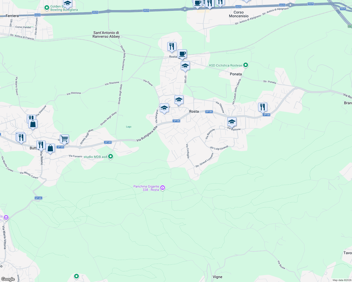 map of restaurants, bars, coffee shops, grocery stores, and more near 27 Via Barrera in Rosta