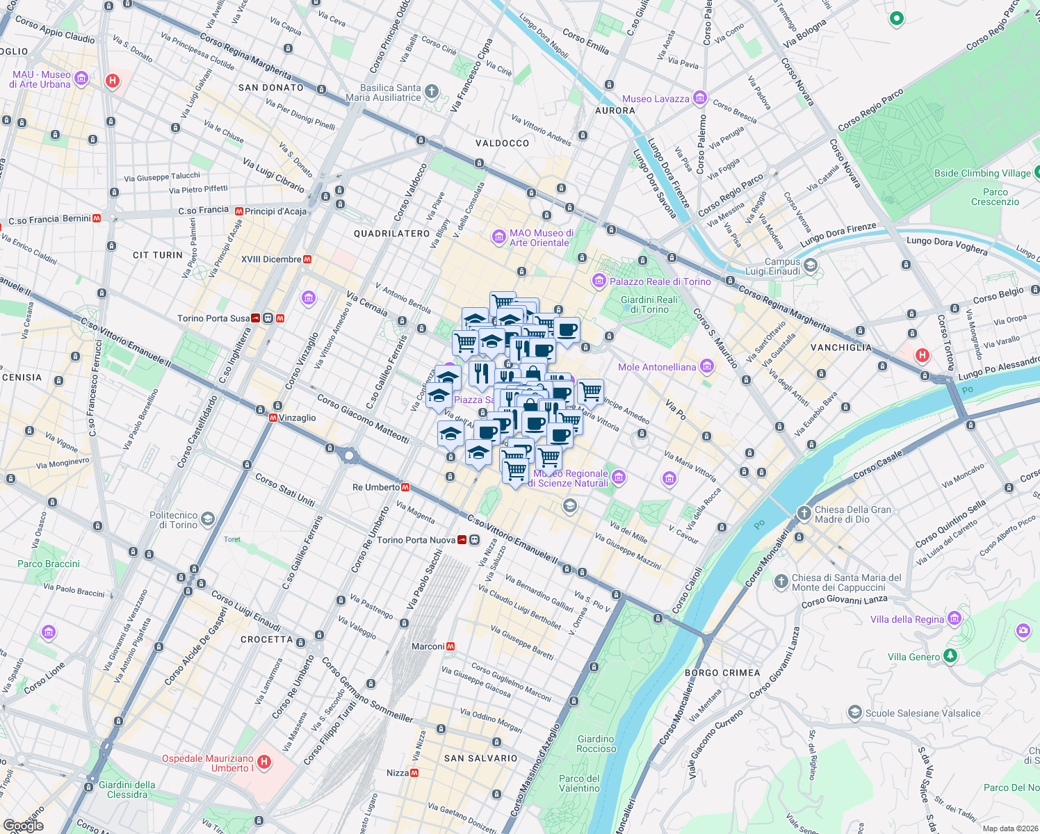 map of restaurants, bars, coffee shops, grocery stores, and more near 3C Via Vittorio Alfieri in Torino