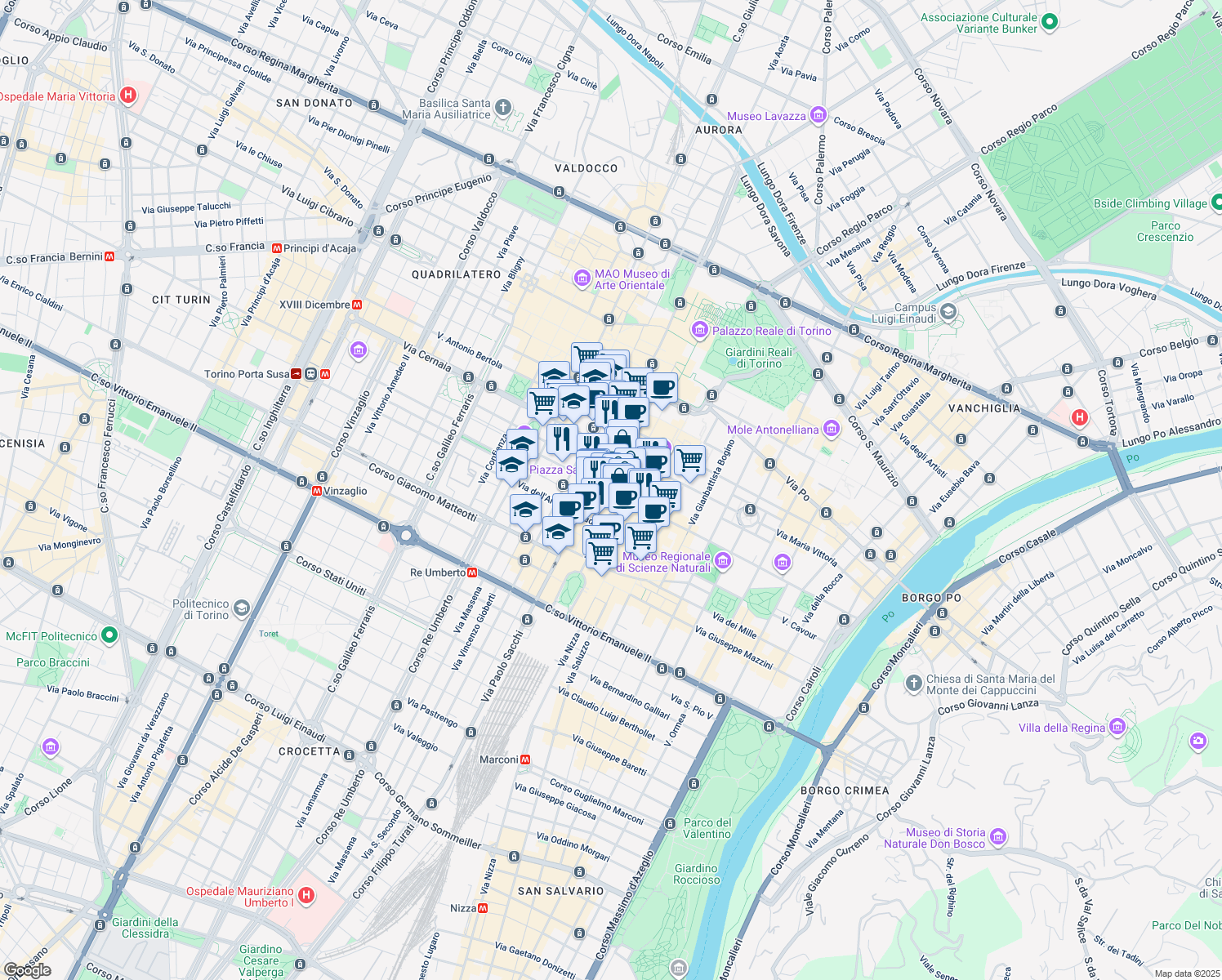 map of restaurants, bars, coffee shops, grocery stores, and more near 216 Piazza San Carlo in Torino