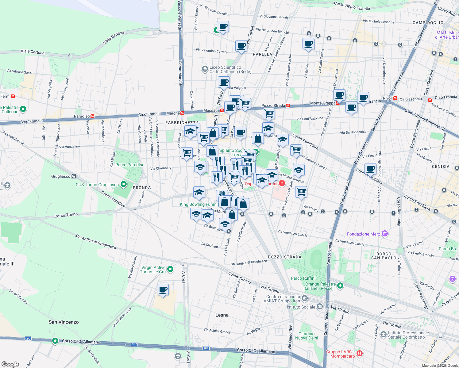 map of restaurants, bars, coffee shops, grocery stores, and more near 24 Via Mario Ponzio in Turin