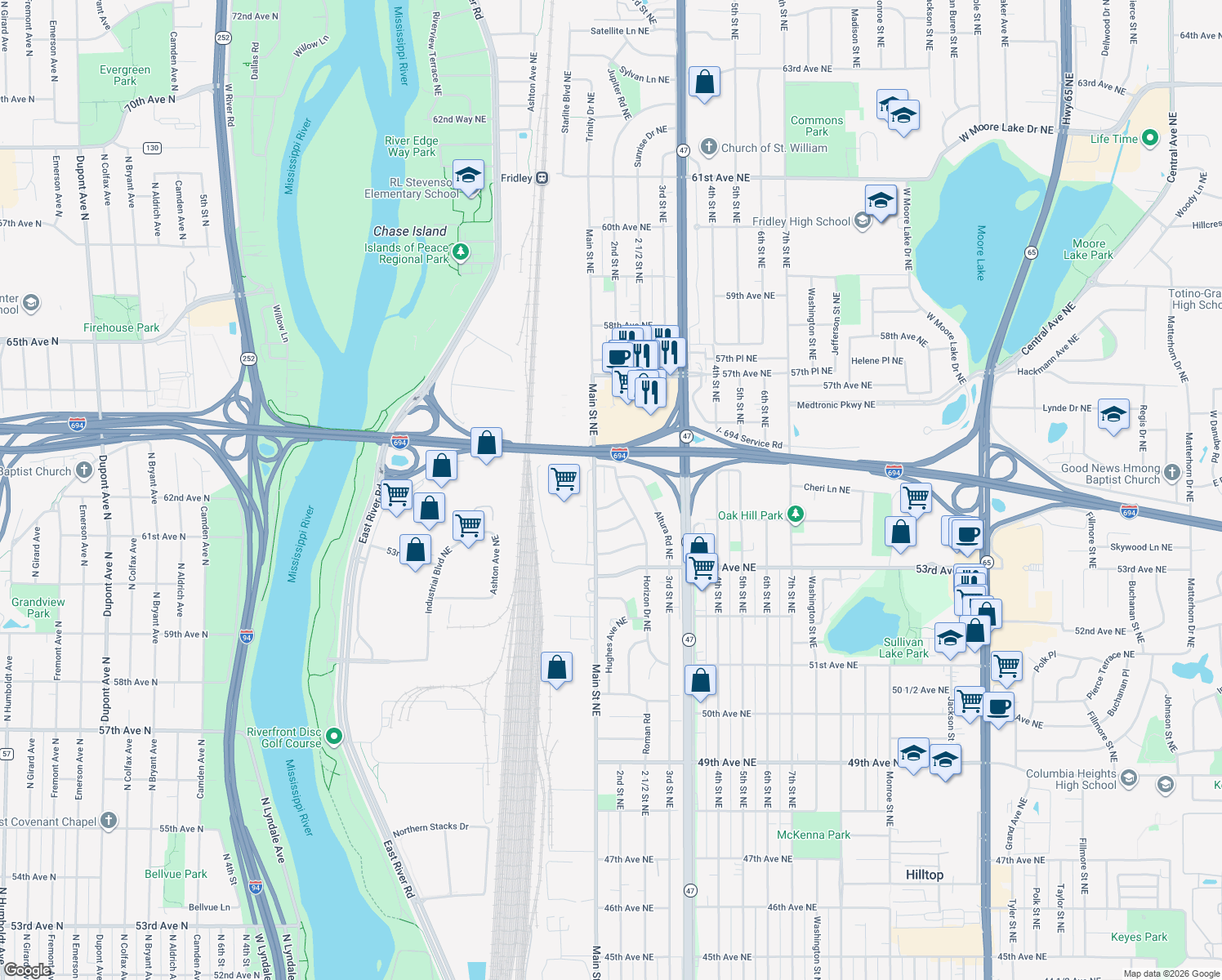 map of restaurants, bars, coffee shops, grocery stores, and more near 5470 Horizon Drive Northeast in Fridley
