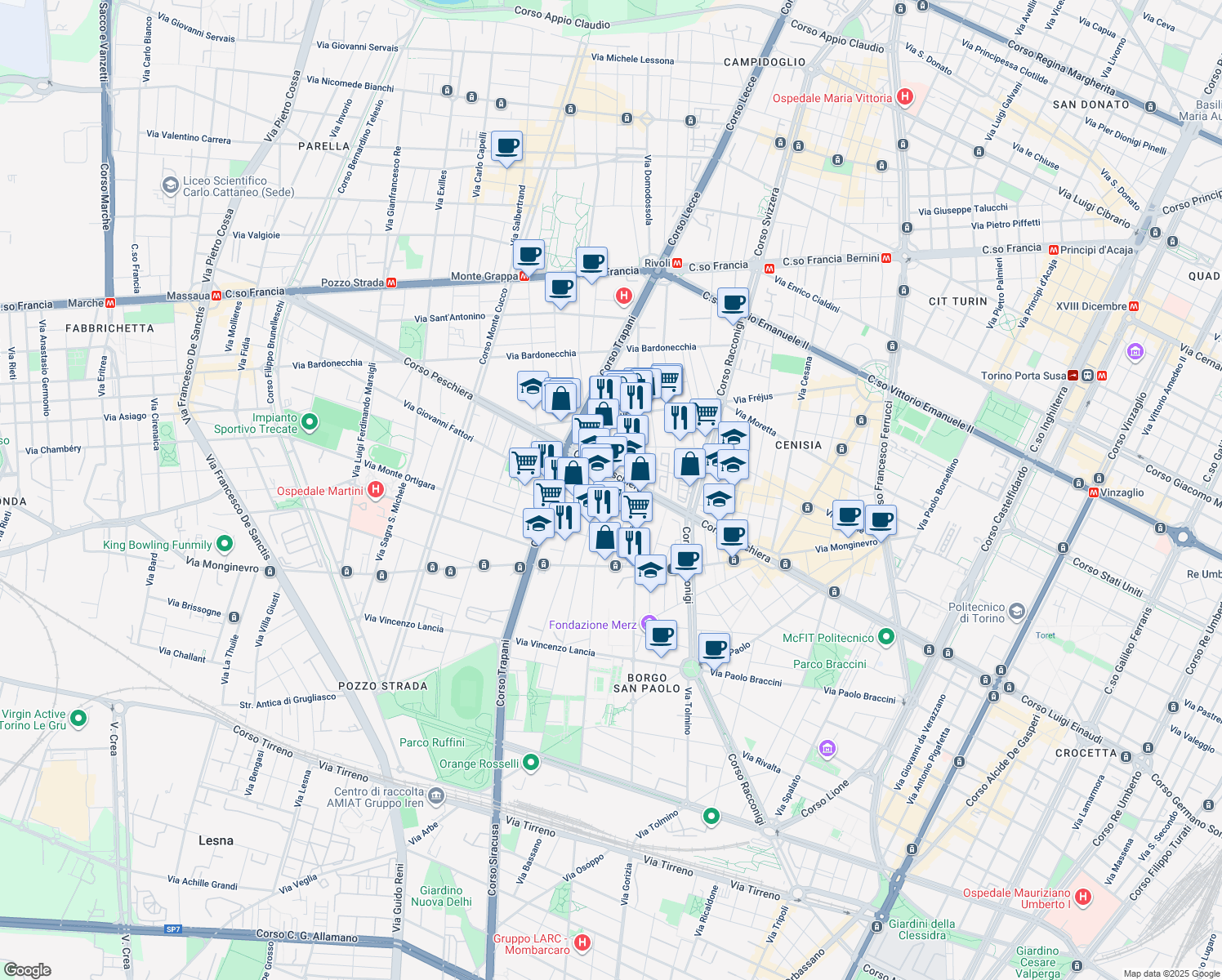map of restaurants, bars, coffee shops, grocery stores, and more near 12 Via Fabbriche in Turin