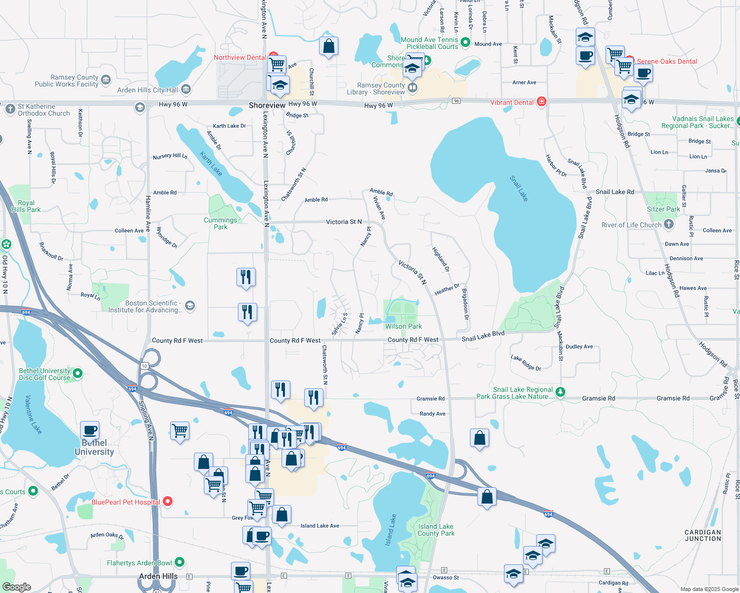 map of restaurants, bars, coffee shops, grocery stores, and more near 888 Shirlee Lane in Shoreview