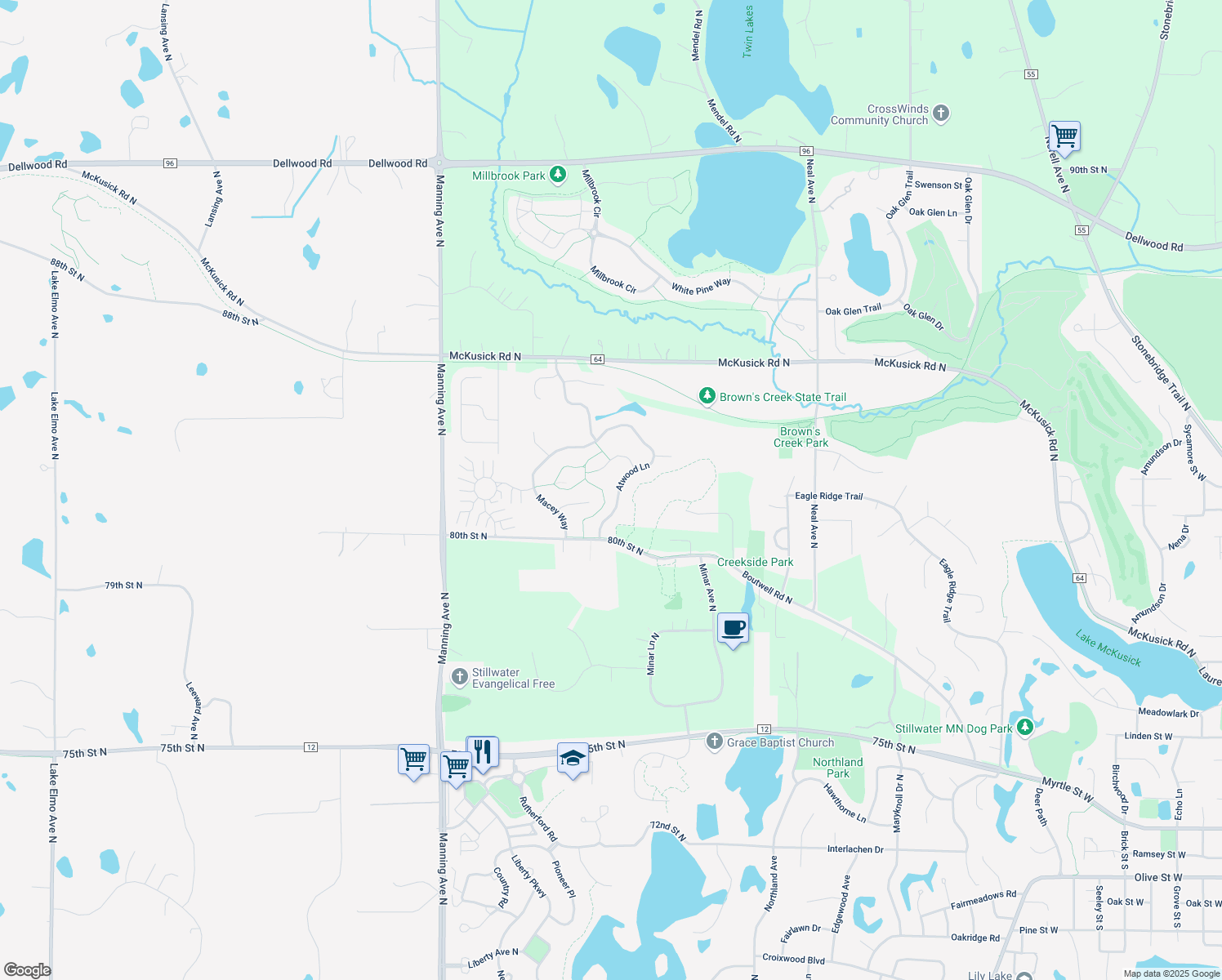 map of restaurants, bars, coffee shops, grocery stores, and more near 1154 Atwood Lane in Stillwater