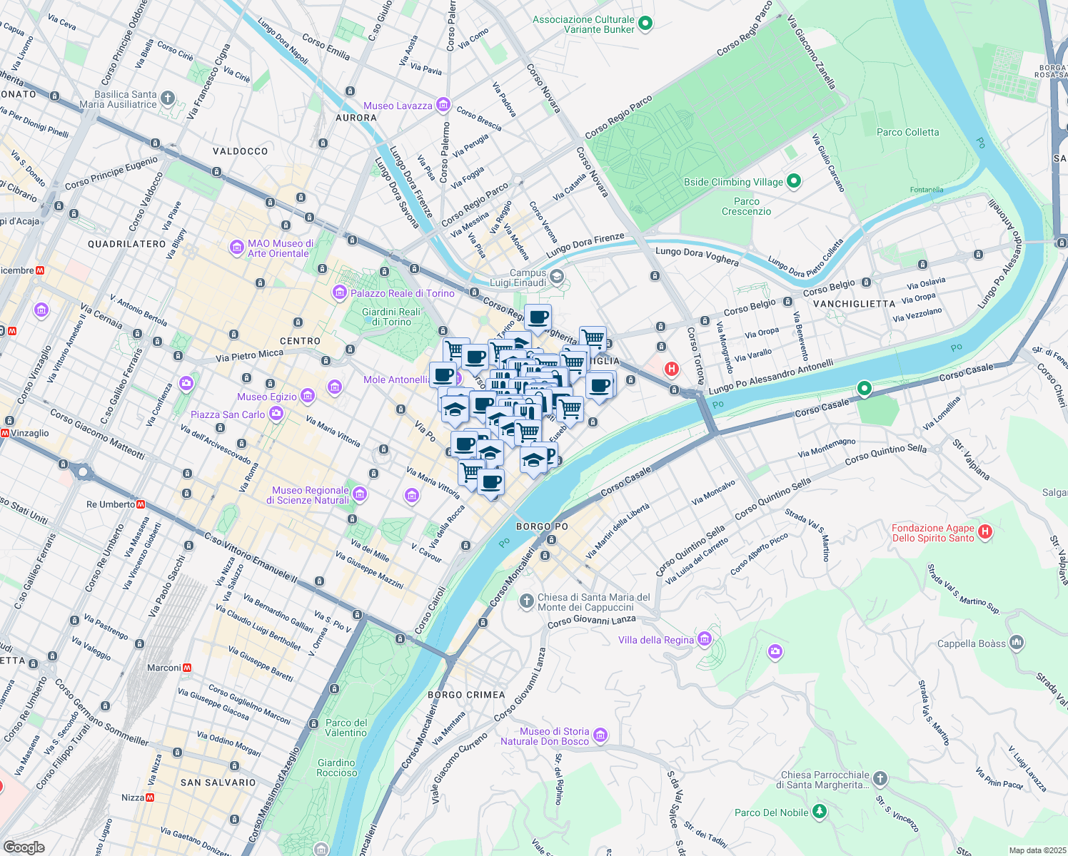 map of restaurants, bars, coffee shops, grocery stores, and more near 11 Via Vanchiglia in Torino
