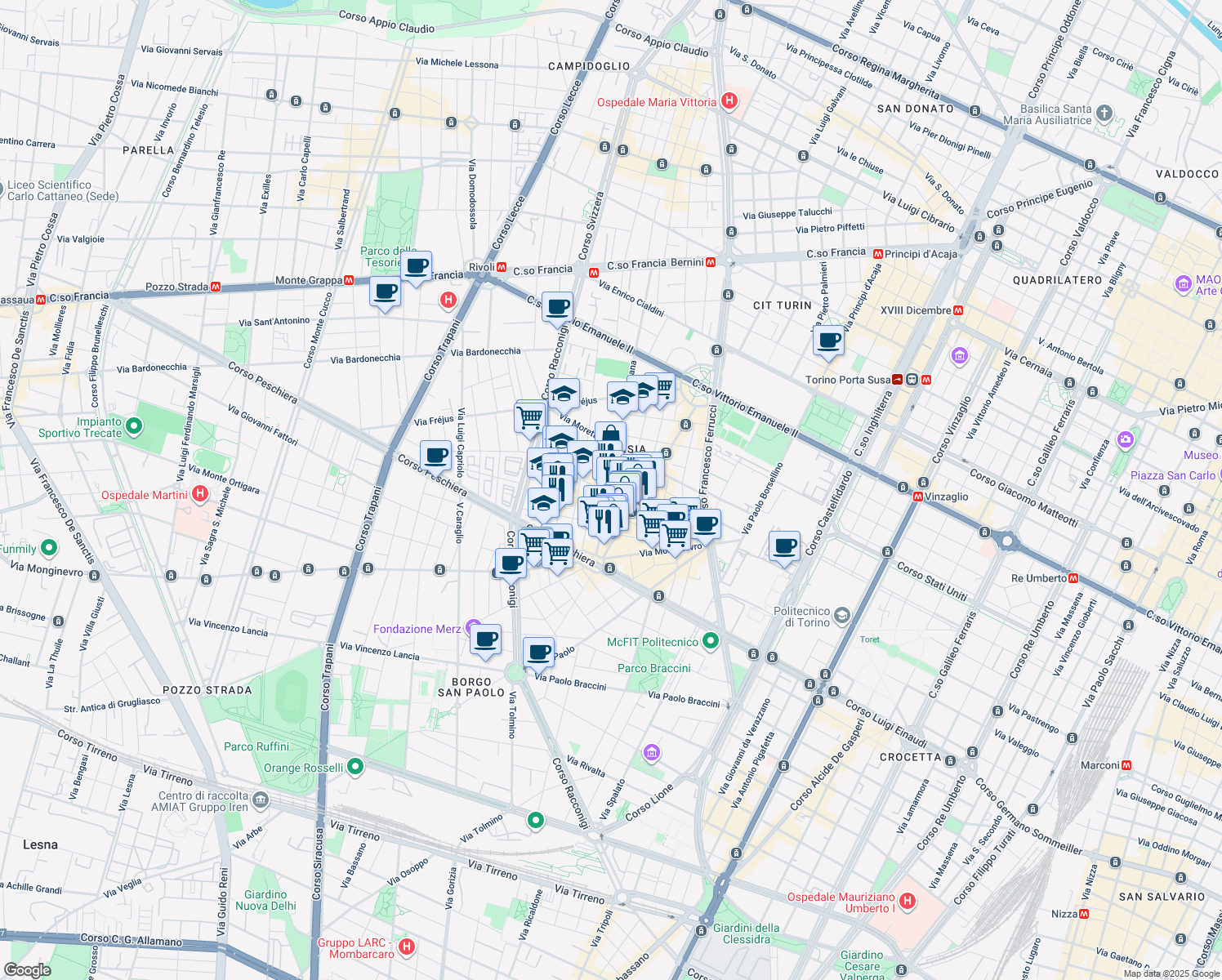 map of restaurants, bars, coffee shops, grocery stores, and more near 51 Via Cesana in Torino