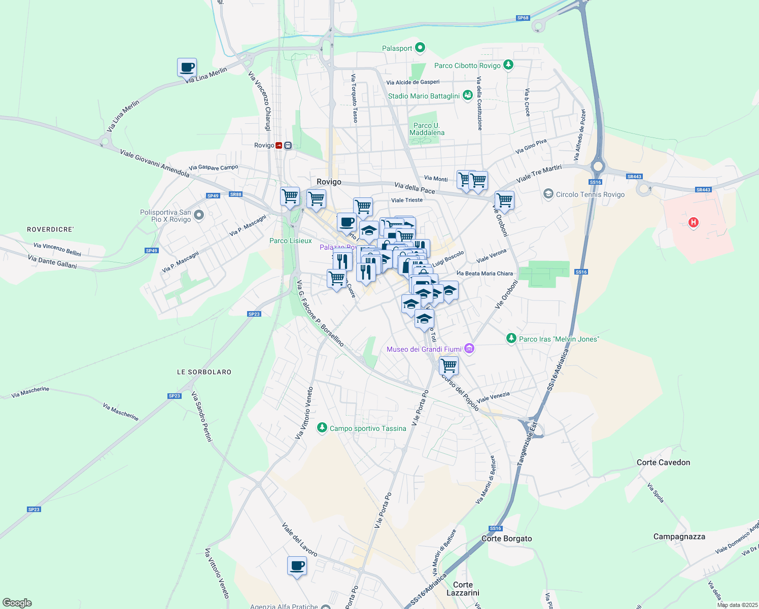 map of restaurants, bars, coffee shops, grocery stores, and more near 1 Via Giovanni Pascoli in Rovigo