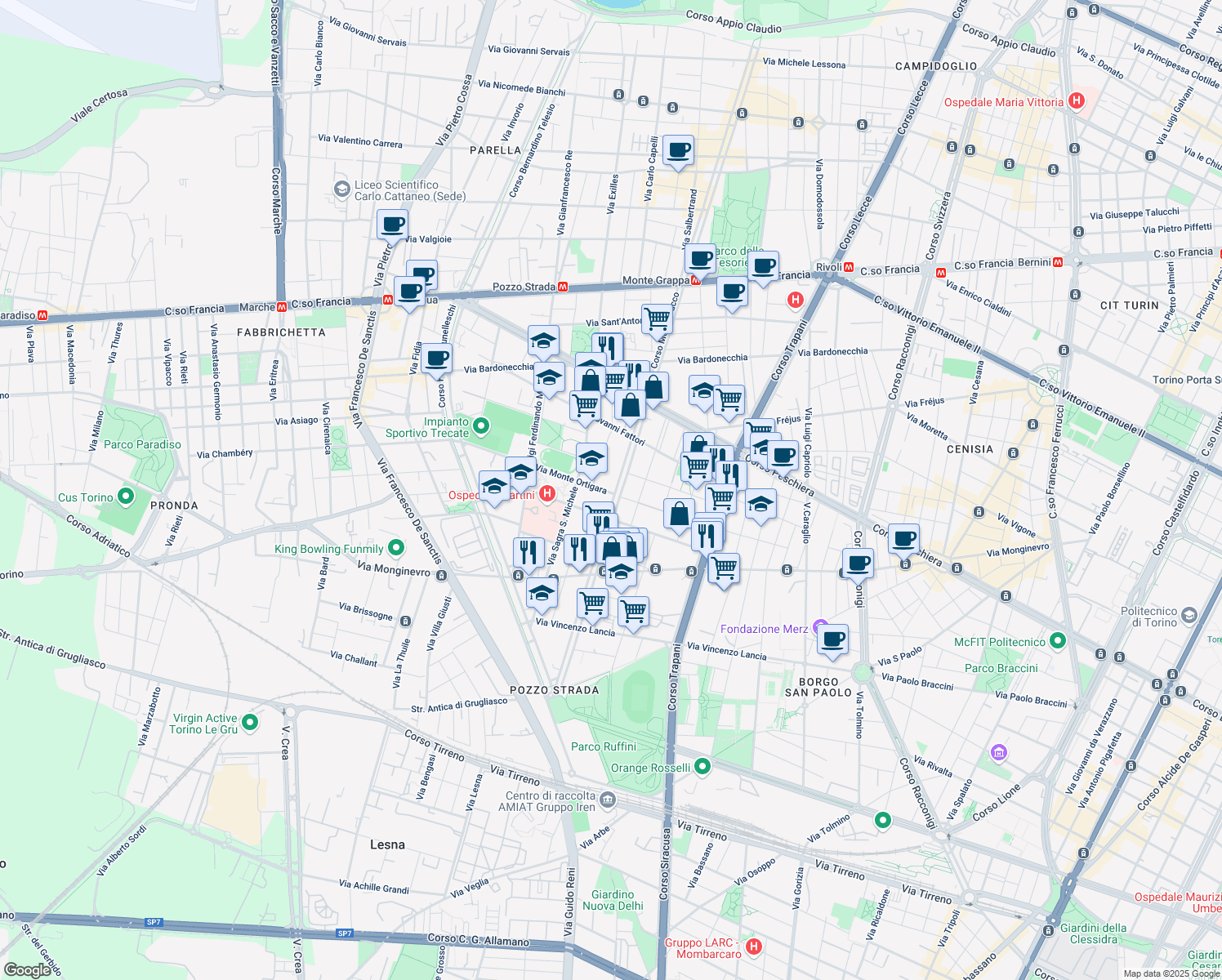 map of restaurants, bars, coffee shops, grocery stores, and more near 82 Corso Monte Cucco in Torino