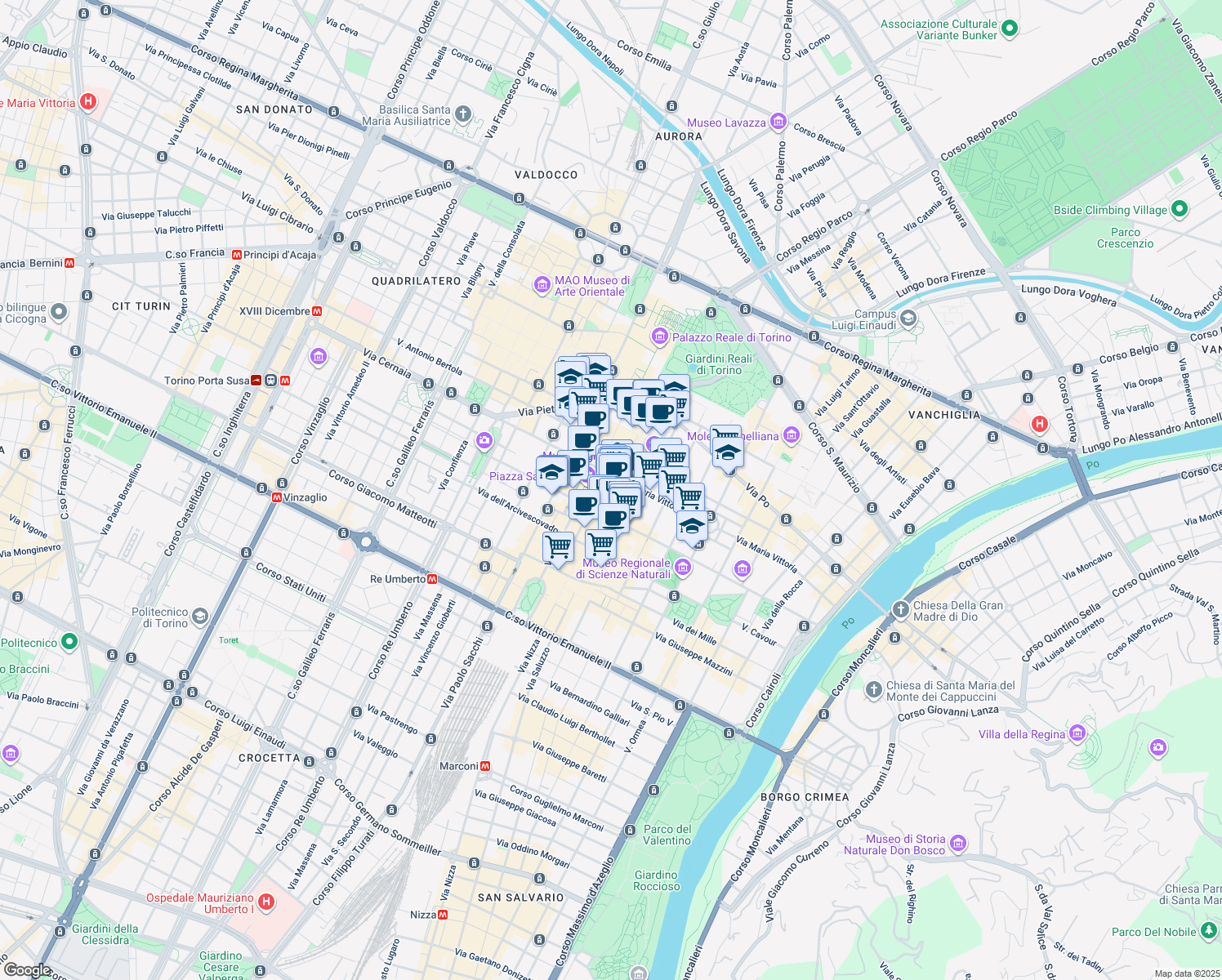 map of restaurants, bars, coffee shops, grocery stores, and more near 2q Via Giuseppe Luigi Lagrange in Torino