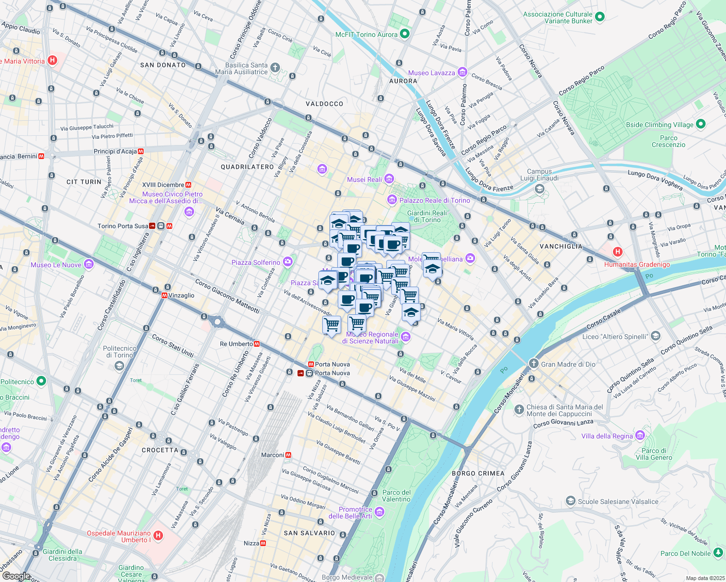 map of restaurants, bars, coffee shops, grocery stores, and more near 2q Via Giuseppe Luigi Lagrange in Torino
