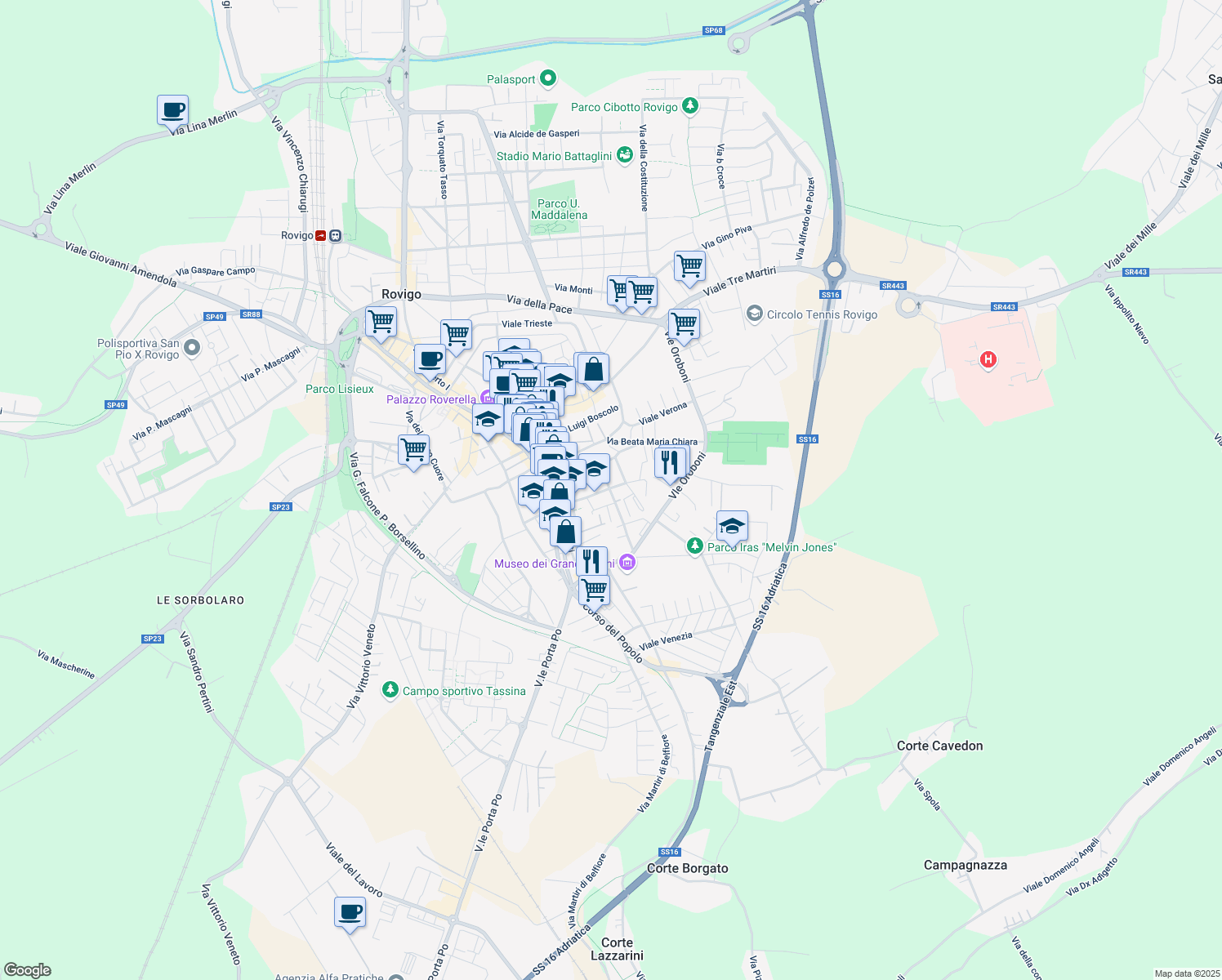 map of restaurants, bars, coffee shops, grocery stores, and more near 18 Via Cesare Parenzo in Rovigo