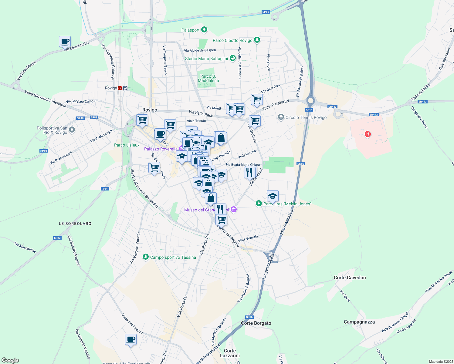 map of restaurants, bars, coffee shops, grocery stores, and more near 18 Via Cesare Parenzo in Rovigo