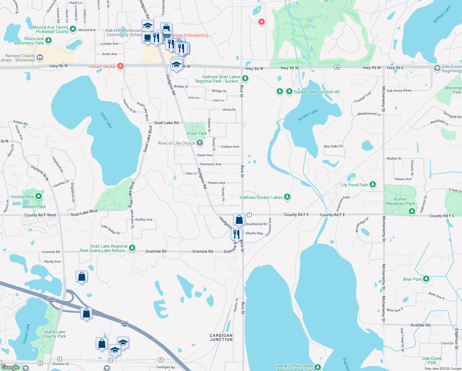 map of restaurants, bars, coffee shops, grocery stores, and more near 176 Hawes Avenue in Shoreview