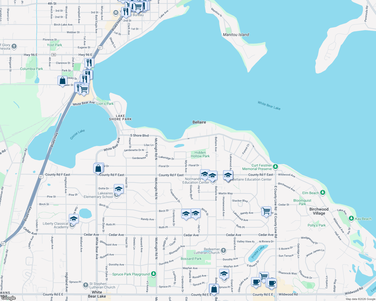 map of restaurants, bars, coffee shops, grocery stores, and more near 2383 Joy Avenue in White Bear Lake